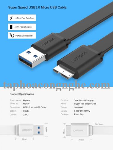 Ugreen 10853 0.5M màu Đen Cáp USB 3.0 sang MICRO USB 3.0 cho ổ cứng dáng dẹt US130 30010853